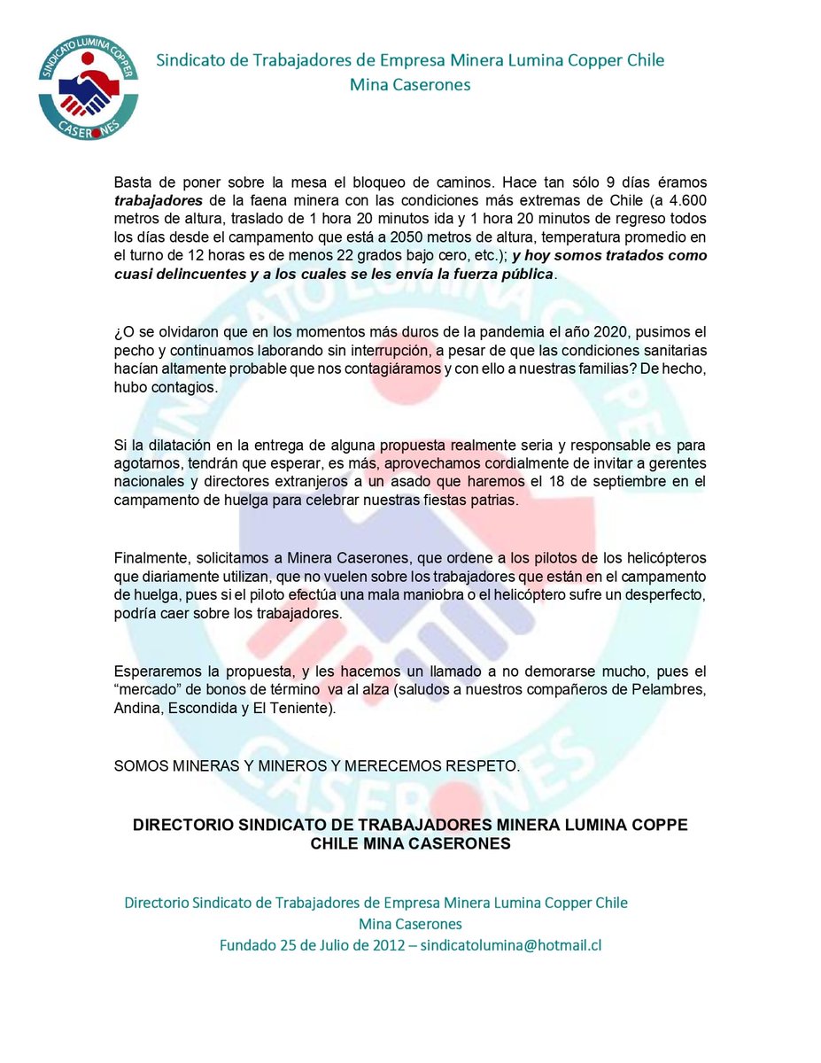 Solidarizamos con los compañeros del Sindicato de Trabajadores de Lumina Copper Chile Caserones, quienes cumplen hoy 8 días de huelga.