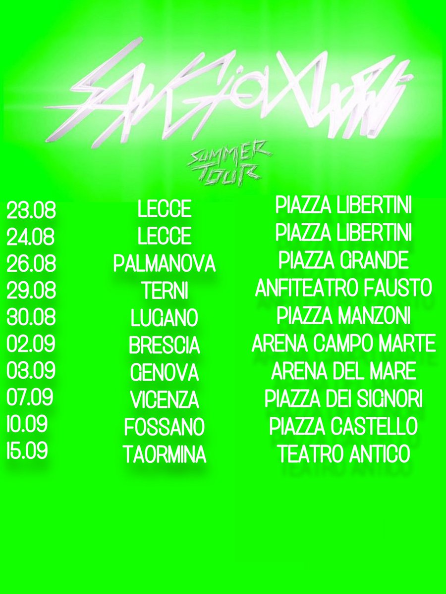 fabianaraii's tweet photo. Ecco il calendario completo del ‘Sangiovanni Summer Tour’ 
ci sono biglietti ancora disponibili per Fossano e Palmanova su Ticketone 
e per Brescia su Vivaticket. 
Tutte le altre date sono sold out! 💚 https://t.co/PbhewPupGy