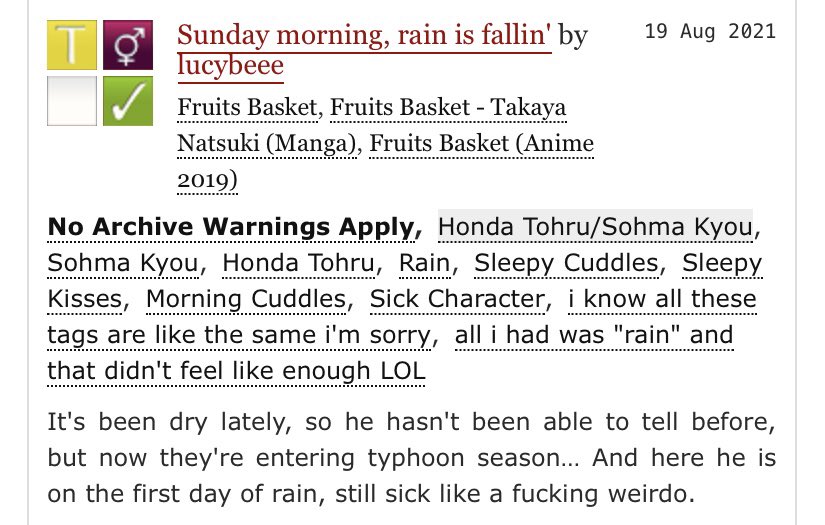 riceballcatfb's tweet photo. Hello I finally did day 5 😂🥰

https://t.co/A4hkFBdzjn

Basically another fic about Kyo wanting Tohru to cuddle him when it rains b/c of what Takaya-sensei said once 

#KyoWeek2021 https://t.co/8Pdw3oA0o0