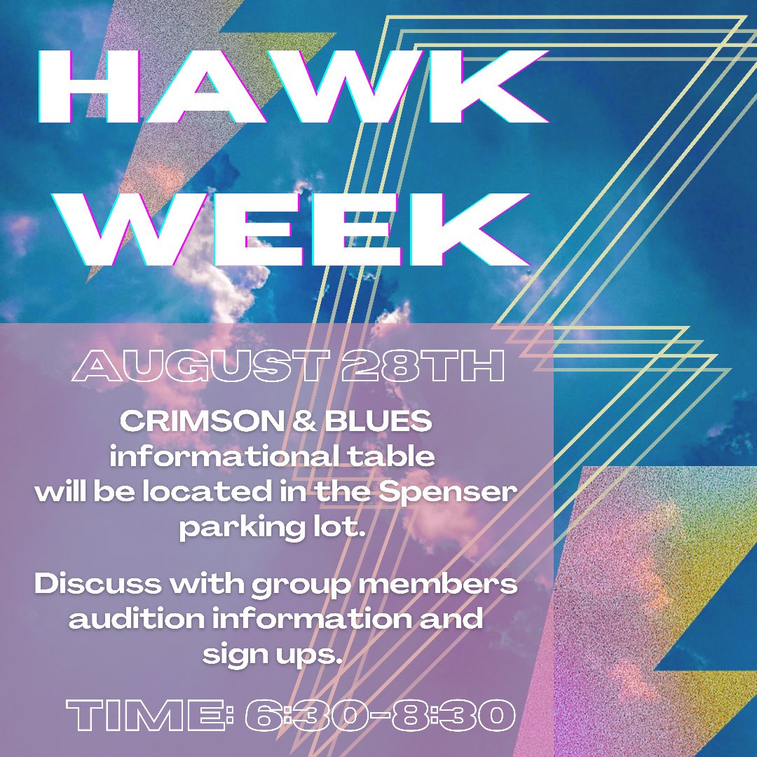 Hawk Week is coming up soon and we want to see y’all there! ⚡️

Members of our group will be there to meet you, answer questions about competition season, and get you all set up for auditions! 🤩 Get a head start on the year and connect with Crimson and Blues at KU’s Hawk Fest!