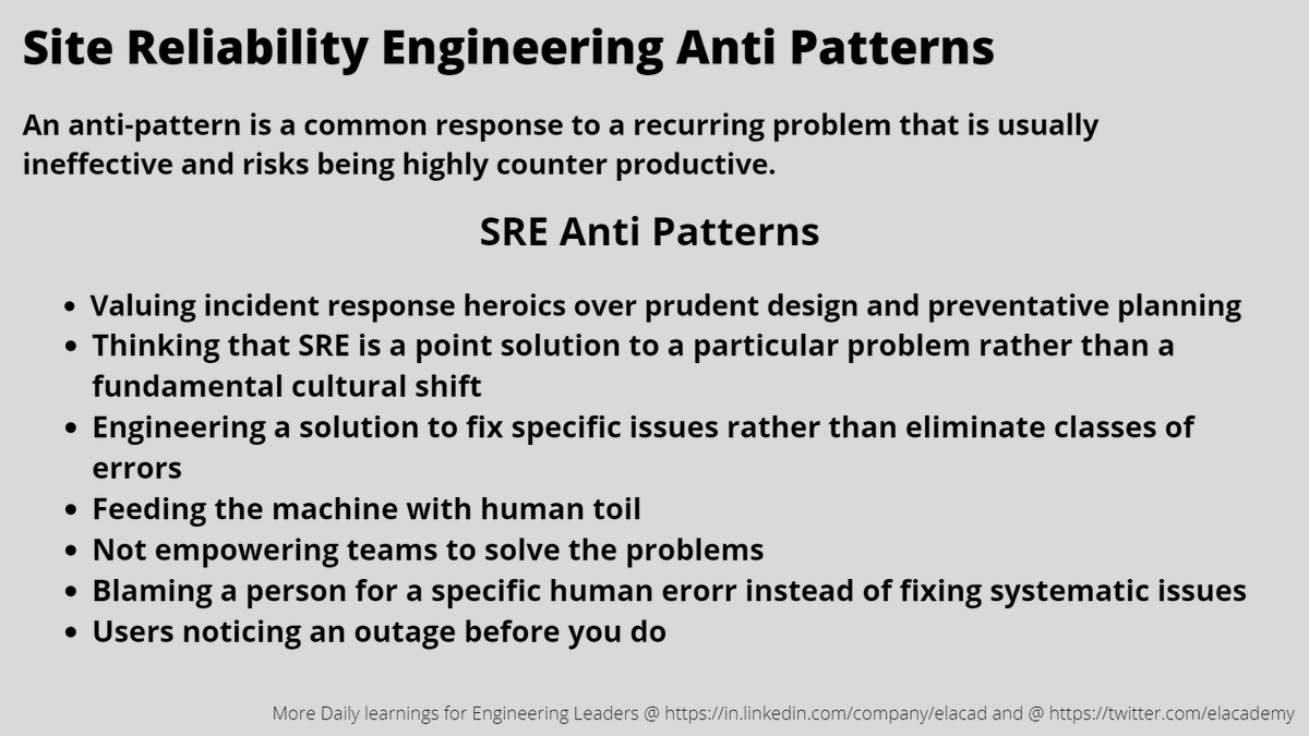 elacademy's tweet photo. Site Reliability Engineering Anti Patterns

An anti-pattern is a common response to a recurring problem that is usually ineffective and risks being highly counterproductive

Follow us for daily learnings @ https://t.co/BVogsXVOMX

#sre #softwareengineering #elacademy https://t.co/4wwLqyhmCi