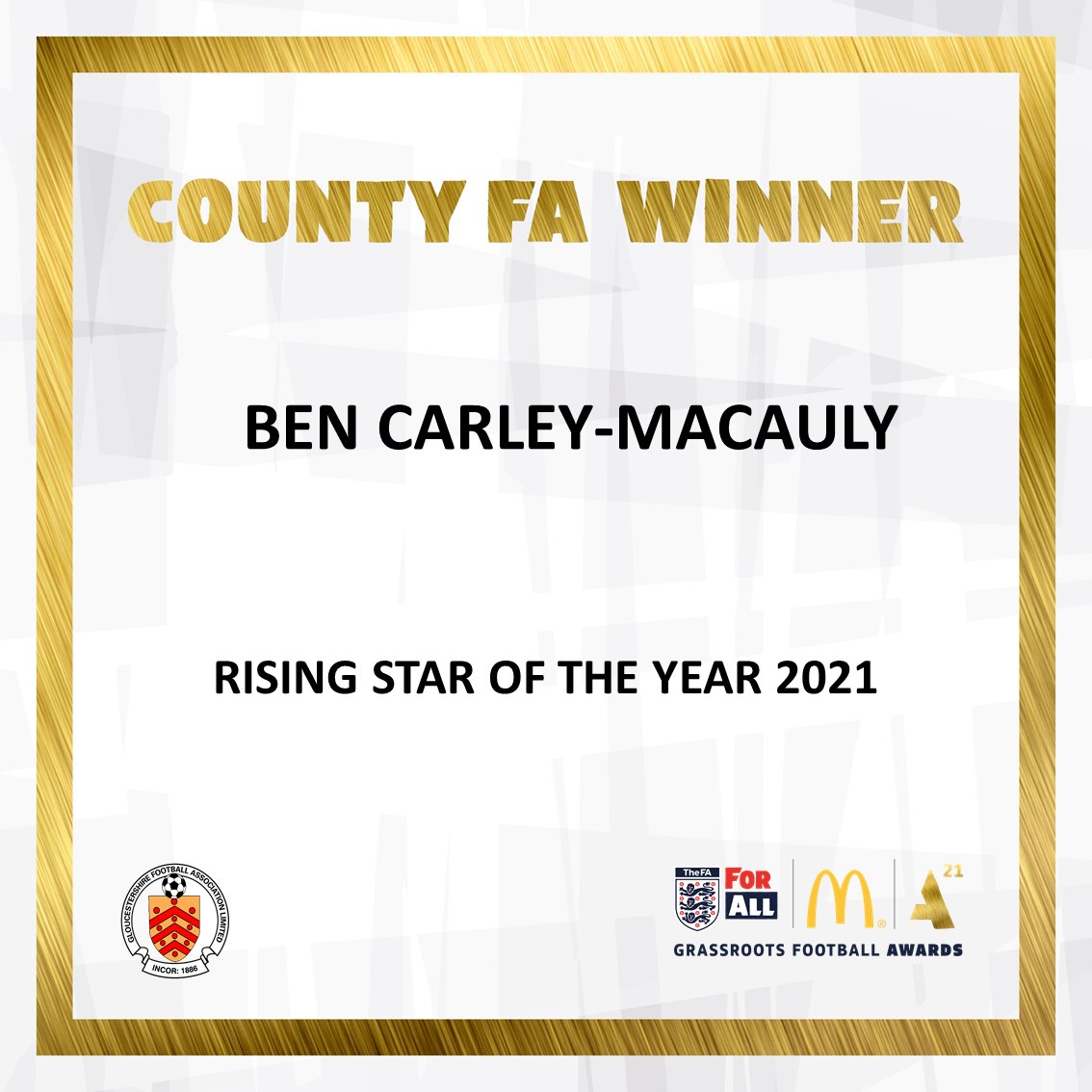 Gloucestershire FA ⚽ (@glosfa) on Twitter photo The Rising Star of the Year 2021 is... Ben Carley-Macauly 🌟🌟
Well done on the award Ben and keep up the great work! The Rising Star of the Year 2021 is... Ben Carley-Macauly 🌟🌟
Well done on the award Ben and keep up the great work!