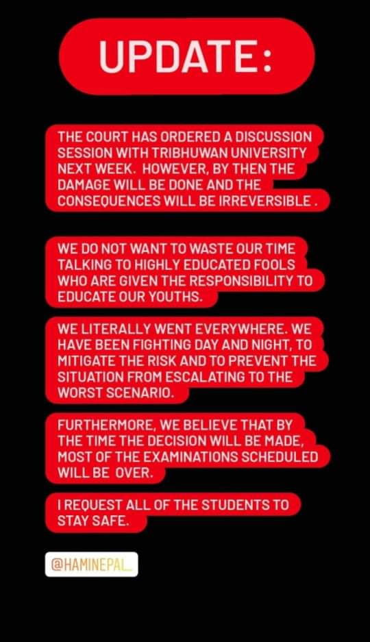 07ImAsh's tweet photo. It's over!
No words to speak against the senseless fools who just enjoy the power &amp; decide irresponsibly!
Now,it'e time to fled away as soon as possible!
This nation is not for us!😭
We have been tortured...
A round of applause to @Haminepal_ for fighting till end!
#CancelTUExams https://t.co/RwhHvvksC6