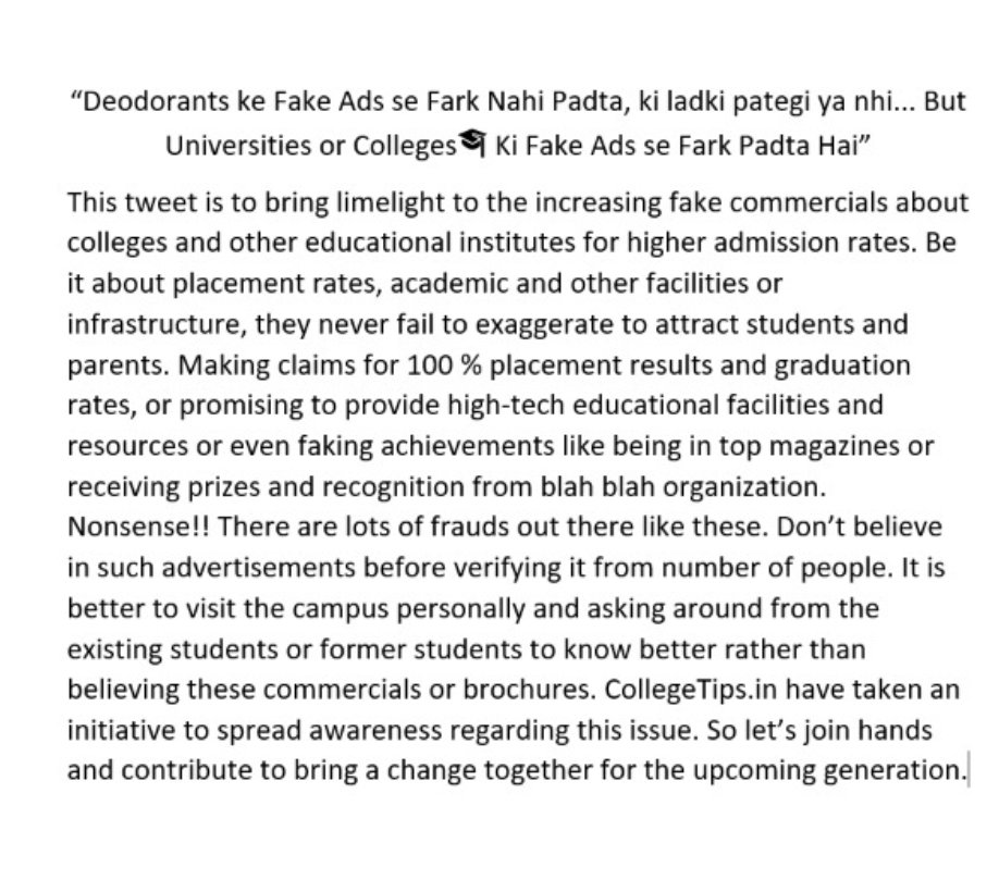 Srishti59716874's tweet photo. Let's all come together in the campaign against  fake colleges and educational institutitues advertisements, by @CollegeTips_in and be the part of a change. 🎓
@EduMinOfIndia
@PMOIndia 
@dpradhanbjp 

#fightagainstfarzi
#CollegeTips https://t.co/7yH3XNlRvB