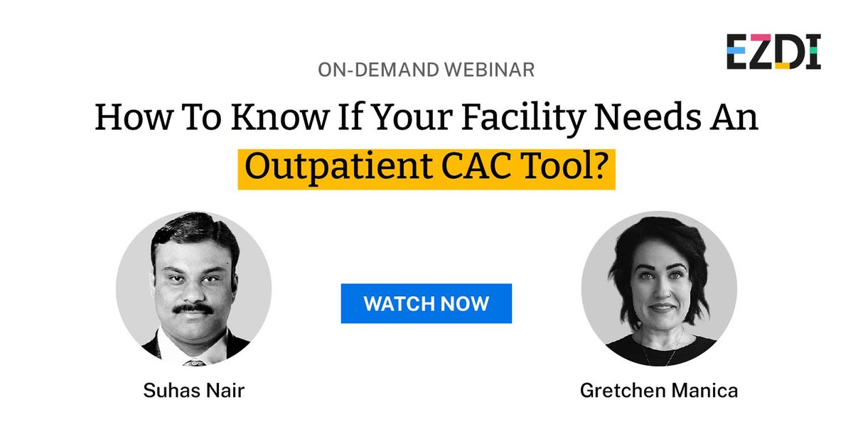 EZDIInc's tweet image. Join Gretchen Manica as she discusses with our product expert Suhas Nair, signs you need CAC, the value CAC can bring, if your hospital is ready, and what to consider when evaluating different CAC tools.
ezdi.com/webinars/how-t…
#MedicalCoding #OutpatientCoding #HealthcareIT