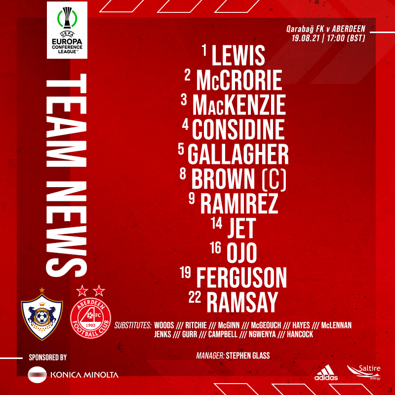 AberdeenFC's tweet photo. 🆕 | Here is the Aberdeen team for this evening's game in Baku.

COYR!  #StandFree 

📺 // https://t.co/zxCy0Nq3dO https://t.co/I58slDHwig