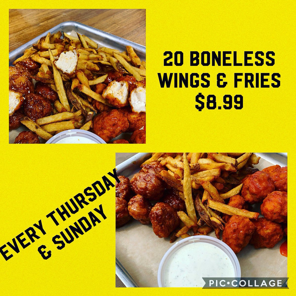 #1 #wing day in the #fourstates 20 #bonelesswings .35 + $1.99 #fries = $8.99.  🛑 eating flour.  #chatterslife in the ❤️ of every #smart wing eater.  More chicken less breading 🤗🥳🥳🥳