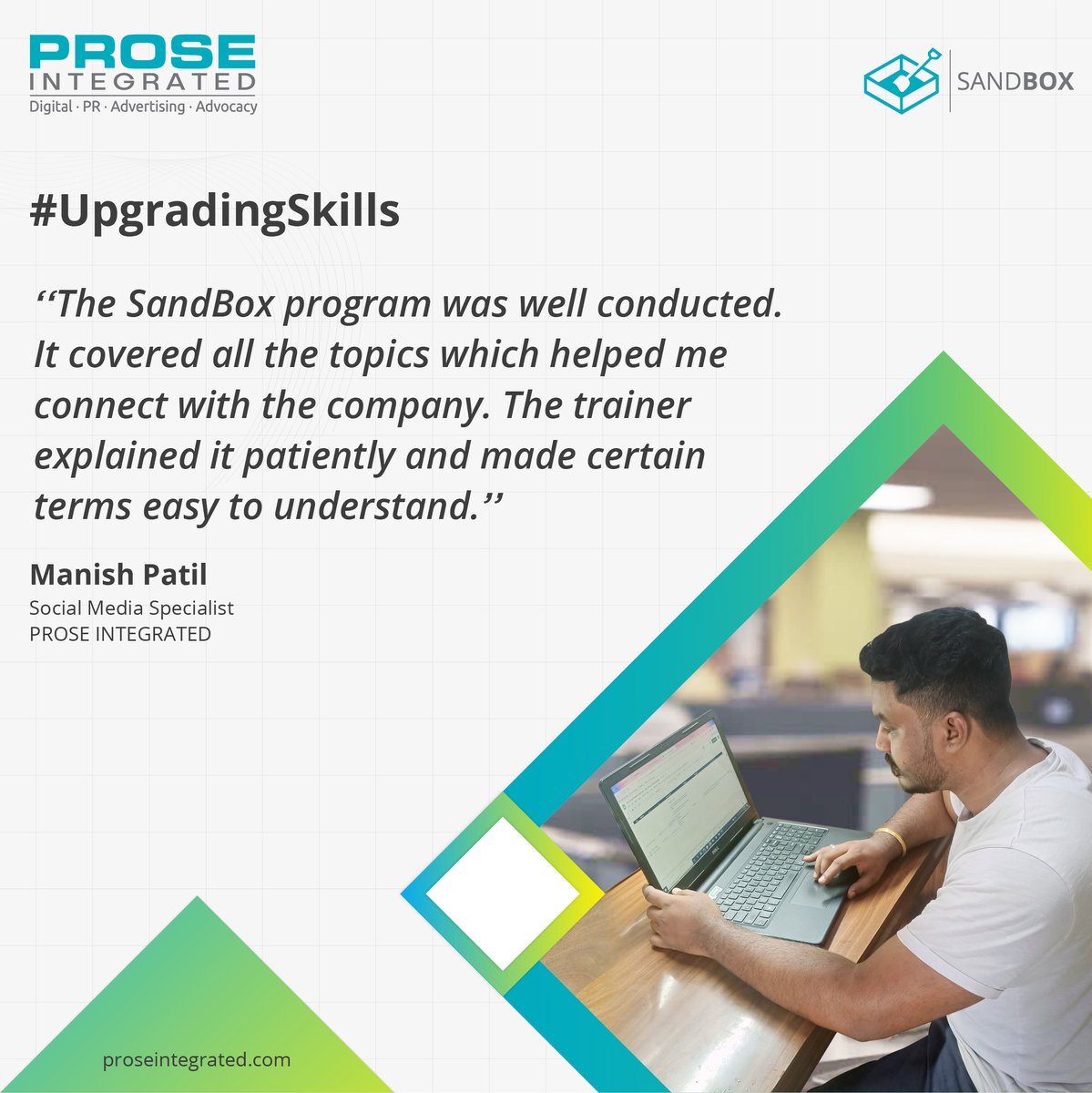 BrandProse's tweet photo. Our #Sandbox programme aims to upgrade skills by acclimatising the team members to dynamic technological changes. Manish Patil from Team PROSE talks about how #Sandbox has helped him upgrade his skill set.

#testimonial #review #employeetraining #feedback #EmployeeEngagement https://t.co/xld0fg8f8L