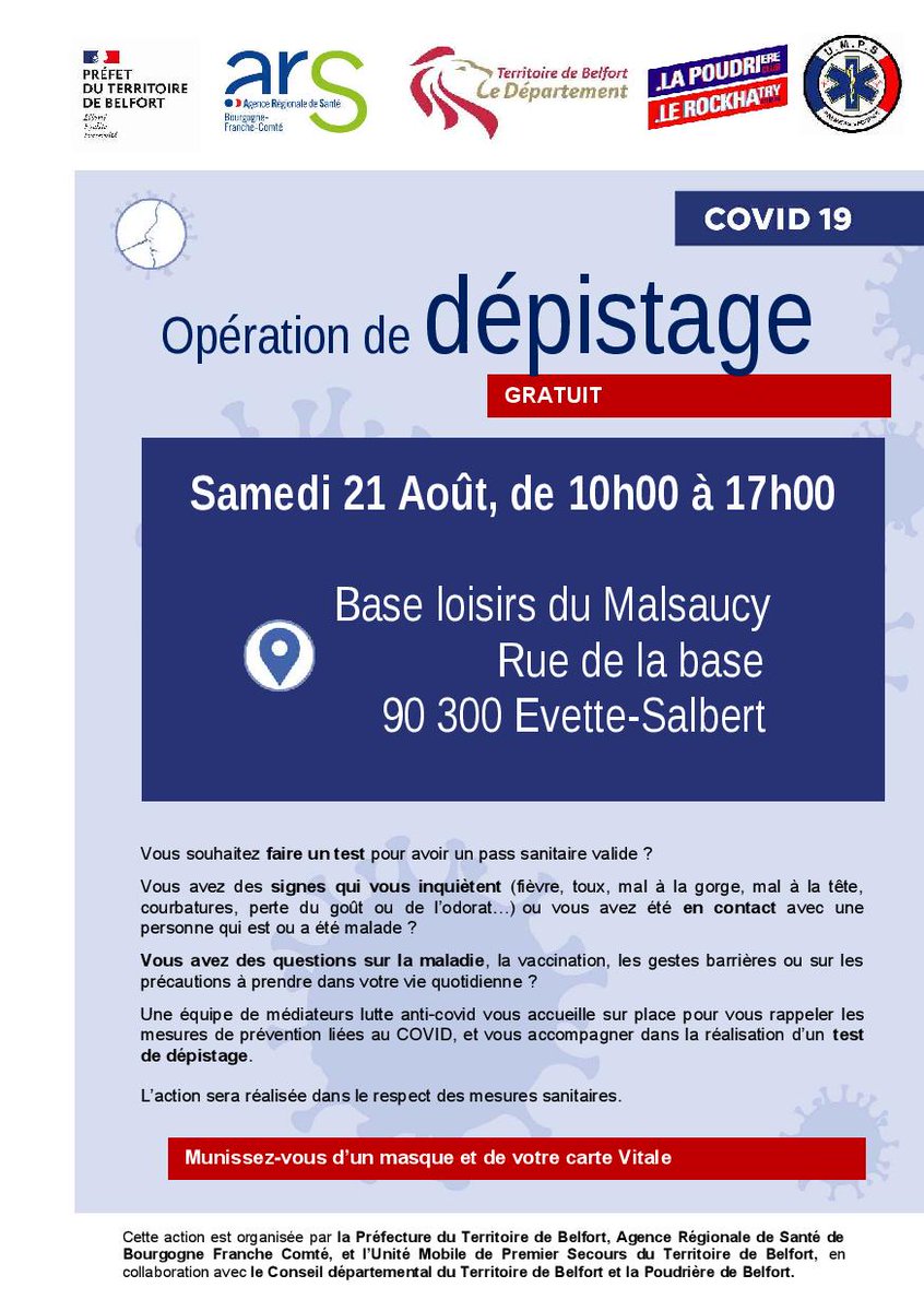 Prefet_90's tweet photo. #Covid19 #Dépistage #PassSanitaire
Une opération de dépistage sera organisée le samedi 21 août de 10h à 17h à la base de loisirs du Malsaucy par les médiateurs de la lutte anti-covid #Umps90
@arsbfc @Departement_90 @Lapoudriere 
Toutes les infos ⤵️ https://t.co/rybx7gzCmi