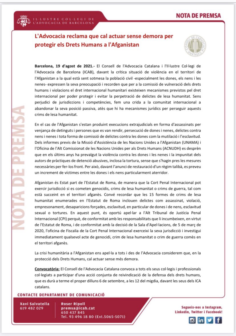 📣 CONVOCATÒRIA ‼️
➡️ Convoquem, juntament amb @comunicacioicab, a tot els Col·legis de l’#AdvocaciaCatalana a una acció conjunta de revindicació de la defensa dels #DretsHumans
📅  Dilluns 6 de setembre
📍Seu dels Col·legis de l’Advocacia de Catalunya 
⚖️ Cal actuar
#Afganistan