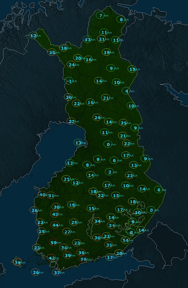 Havaittuja #sademääriä viimeiseltä kolmelta vuorokaudelta. Kosteinta on ollut maan etelä- ja lounaisosissa. Runsaat 59,2 mm satoi #Huittinen sadeasemalla.