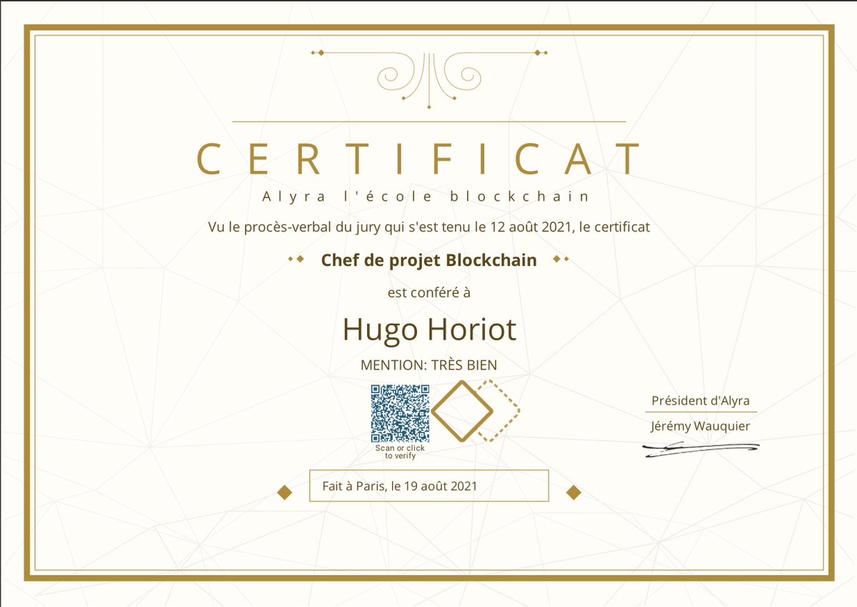 Hugo Horiot (@hugohoriot) on Twitter photo Plaisir de partager ici ma joie d’être désormais diplômé de <a href="/alyraBlockchain/">Alyra, l'école blockchain & IA</a> mention très bien et Major de promo. Cela marque le lancement d'aventures inédites, projets personnels et nouvelles opportunités. Merci à tous ceux qui m'ont encouragé !
certificate.bcdiploma.com/check/2975C29A… Plaisir de partager ici ma joie d’être désormais diplômé de <a href="/alyraBlockchain/">Alyra, l'école blockchain & IA</a> mention très bien et Major de promo. Cela marque le lancement d'aventures inédites, projets personnels et nouvelles opportunités. Merci à tous ceux qui m'ont encouragé !
certificate.bcdiploma.com/check/2975C29A…