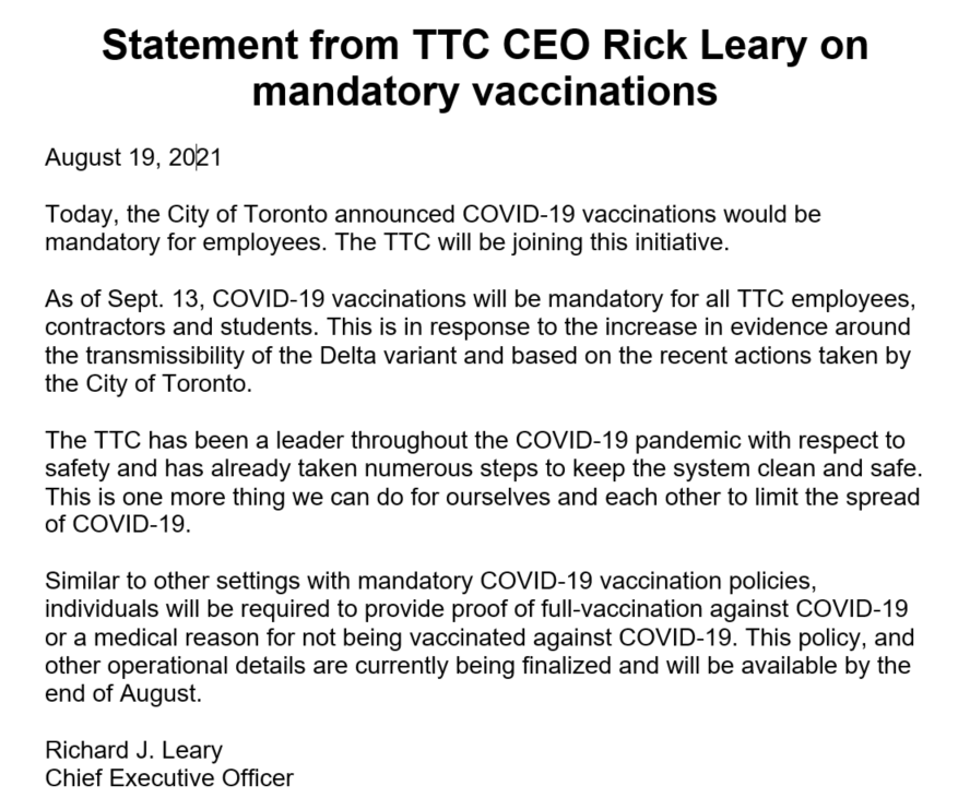 TTCNewsroom's tweet photo. The #TTC will join the City of Toronto's vaccine mandate for employees.
Here's a statement from our CEO... https://t.co/02KuYL5xxl