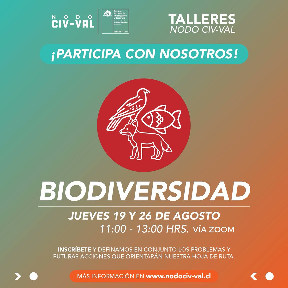 ✨ ¡Hoy a las 11 HRS! Si te inscribiste, no olvides conectarte a la primera sesión del taller de #Biodiversidad del #NodoCIVVAL.

Durante la instancia, tendremos la oportunidad de trabajar en conjunto para definir los desafíos y futuras acciones en esta área. 🙋🏻‍♀️🙋🏻‍♂️¡Te esperamos!