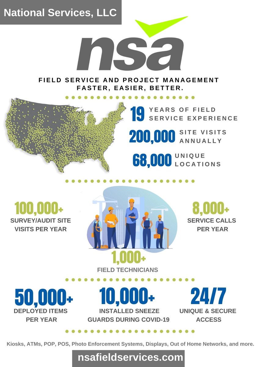 Nsa_Field's tweet image. Starting the last week of August with the key highlights of what NSA is and how it has grown up thru the years.
NSA – Field Services. Faster. Easier. Better.#nsafieldservice #fieldservicesolution #fieldservice #projectmanagment #facilitiesservices #maintenance #projects #repair