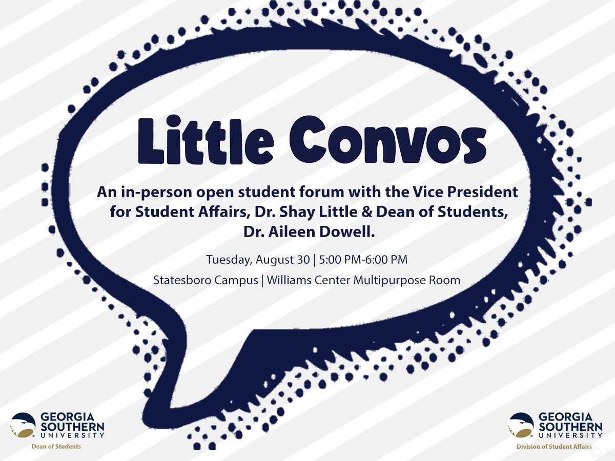 Happy Thursday Eagle Nation! Mark your calendars and join Dr. Little and Dr. Dowell in an open dialogue for students. If you weren’t able to attend State of the University, you definitely don’t want to miss this!