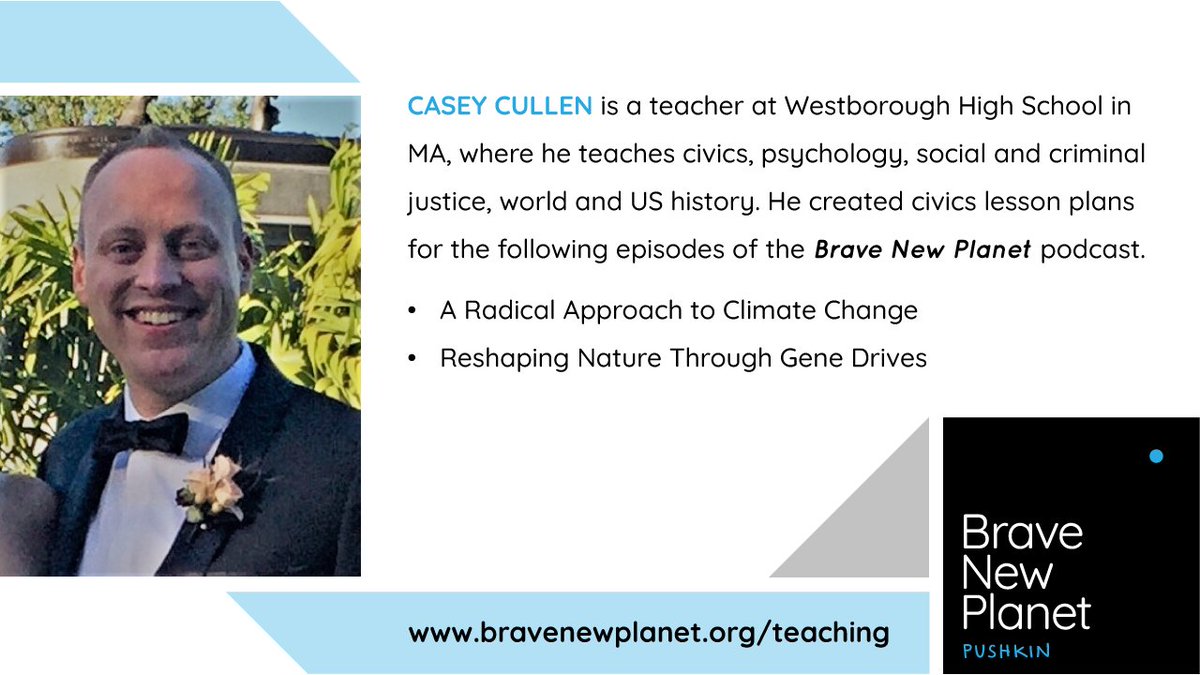 Meet Casey Cullen who helped create civics lesson plans for the #BraveNewPlanet podcast! Calling all social studies high school #educators to take a look at these resources for the upcoming school year. bravenewplanet.org/teaching