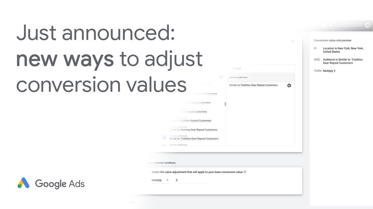 GoogleAds's tweet photo. You can now adjust conversion values based on characteristics like location, device, and audience to help optimize your campaigns!

Learn more → https://t.co/PmCwtJdRcS https://t.co/kPHPzPEyLs