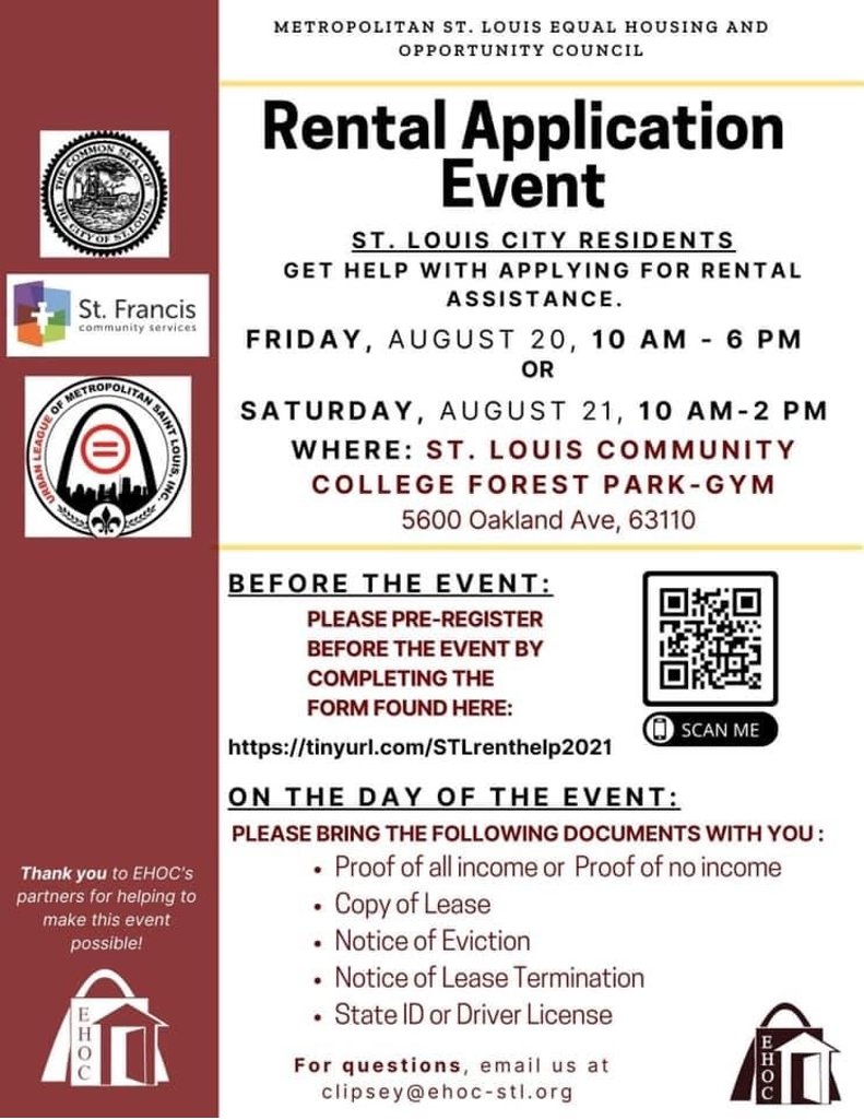 ErikaWatersPhD's tweet image. Rental assistance event in St Louis Friday Aug 20 and Saturday Aug 21! @MoFoundHealth @ActionSTL @bflfamily #RentalAssistance #HelpWithRent @ArchCityDefense @chryssi @AntonioFrench