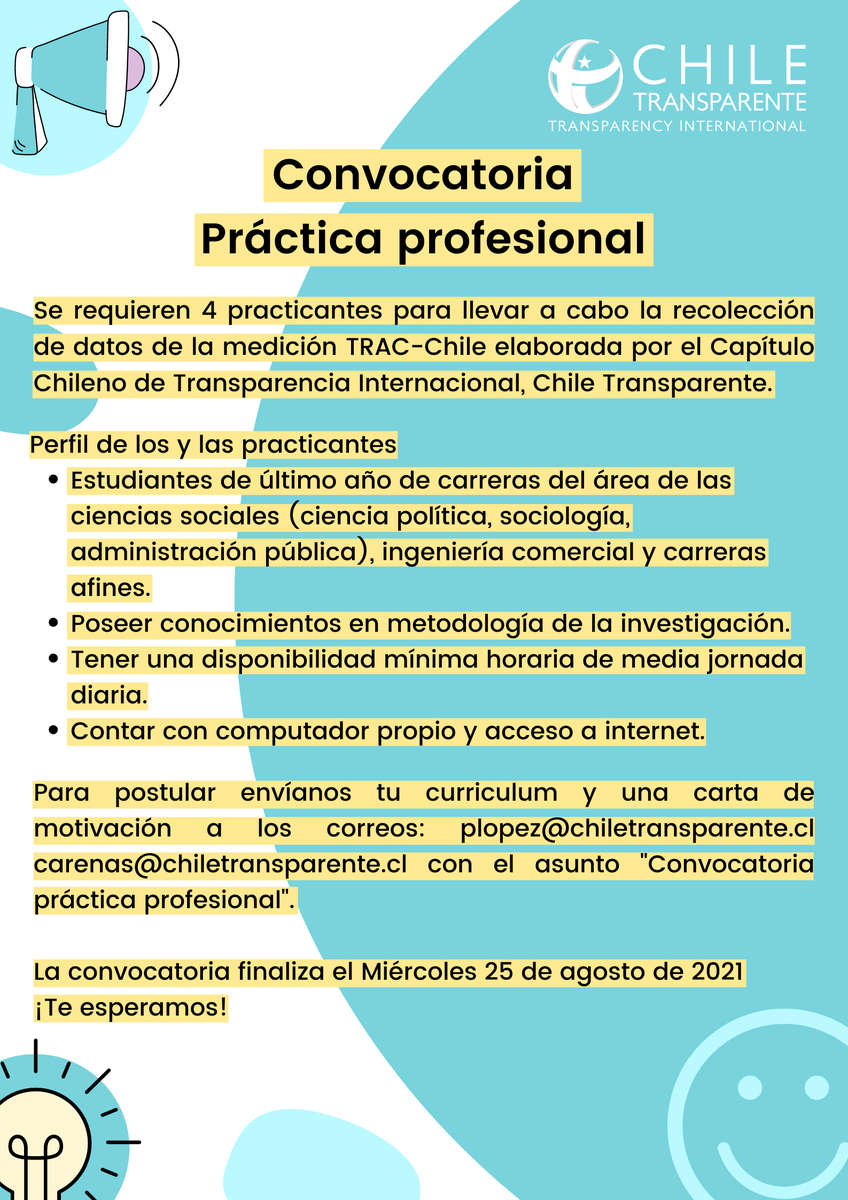 Ch_Transparente's tweet photo. #HayPractica 👏 Buscamos practicantes para llevar a cabo la recolección de datos de la medición TRAC-Chile 📈 Estudiantes de carreras del área de Ciencias Sociales, ingeniería comercial y carreras afines. 📝 Más información en la imagen adjunta https://t.co/tbsLTntqaz