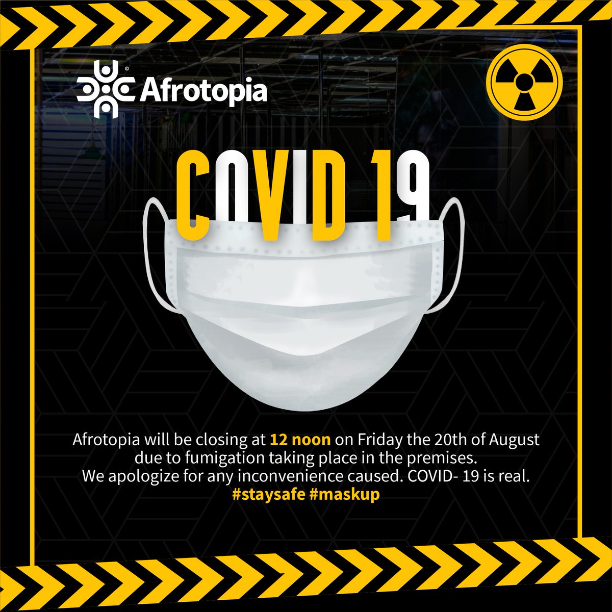 AfrotopiaZw's tweet photo. 🚨 Special Announcement 🚨 Stay Safe 😷🇿🇼
#Covid19 #Fumigation
#CreativeSafeSpace #Btc #digi #CreativeSafeSpaces #coworkingspace #CreativeWorkPlace https://t.co/UxoMrgZpsd