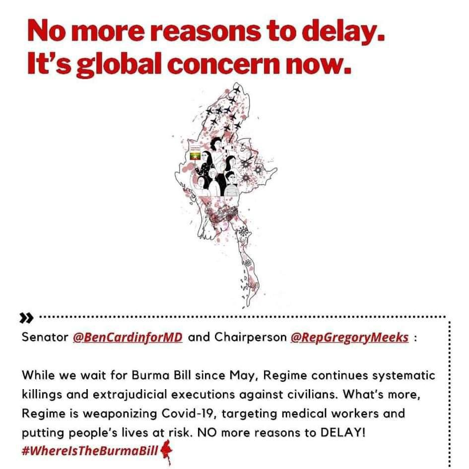 We, Myanmar People,urge for #WhereIsTheBurmaBill to end impunity &amp; hold Genocidal Military accountable.Introduce Burma Bill with no further delay,impose strategic sanctions on MOGE to cut off Junta’s income &amp; recognize <a href="/NUGMyanmar/">National Unity Government Myanmar</a>. #WhatsHappeningInMyanmar