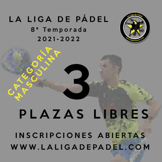 3 plazas libres en equipos masculinos. ¿Te animas a participar? 
Te esperamos en la VIII edición de la Liga de Pádel de Navarra
laligadepadel.com
#TID <a href="/Siuxpadel_es/">SIUX</a> <a href="/PedroLuisConser/">Conservas Pedro Luis</a> #pegasopadel