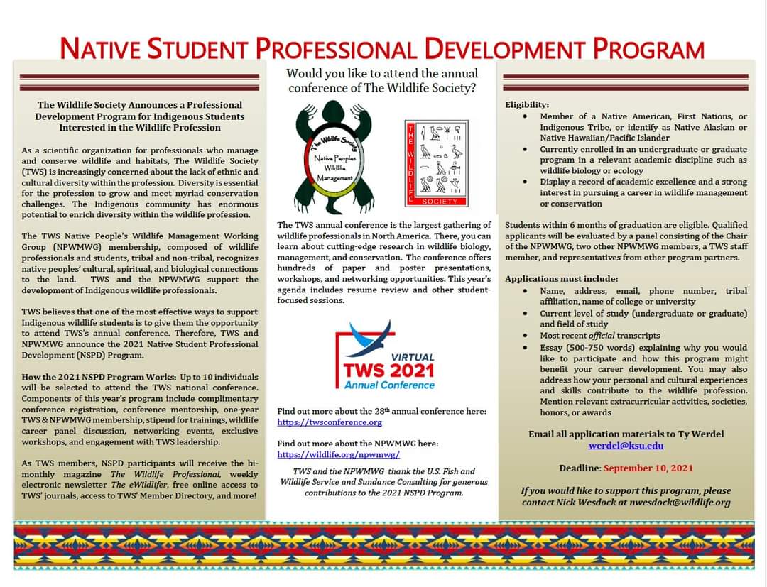 TyWerdel's tweet image. The application period is now open for the 2021 Native Student Professional Development Program of the @wildlifesociety! Applications due Sep. 10. Please email me with any questions. #NativeTwitter #indigenousinSTEM #wildlife