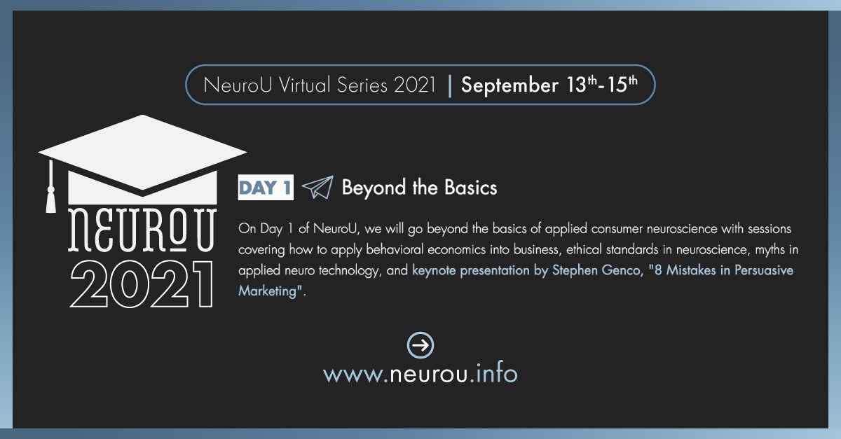 HCDResearchInc's tweet photo. ✨ Get ready to go beyond the basics of consumer neuro on Day 1 of #NeuroU with sessions covering how to apply behavioral economics into business, ethical standards in neuro, myths in neuro tech, & 🎤 keynote presentation by Stephen Genco, "8 Mistakes in Persuasive Marketing" https://t.co/dIj57bYIH0