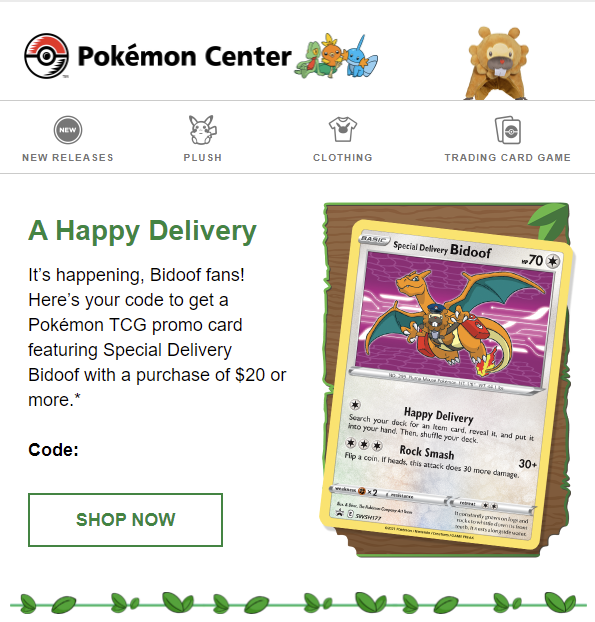 Pokemon Center emails are going out with details how to redeem a Special Delivery Bidoof card