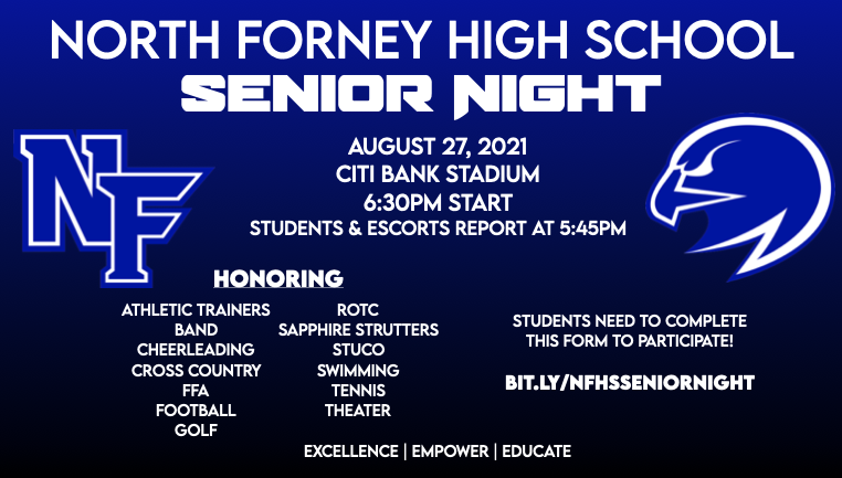 MrJMMood's tweet photo. Mark your calendar! NFHS Senior Night is August 27th. Please complete this Google Form to participate. We've added FFA and STUCO! https://t.co/ns5fkYogHv @NFHS_TrueNorth @PrincipalJung @T_hop1814 @principaliam @KChildress_NFHS #Excellence https://t.co/HWoAxs6nct