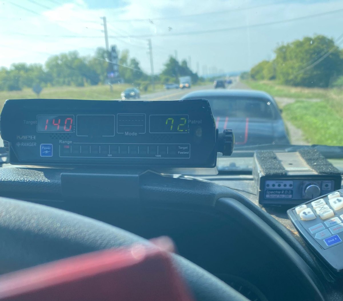 YRP's tweet image. ANOTHER ONE: Our officer clocked this whip doing 140 km/h in a posted 70 km/h zone southbound on Keele Street in King City.

Driver charged with stunt and speeding. License suspended for 7 days. And that sweet ride will sit in time out at the impound for 2 weeks. #RoadSafety