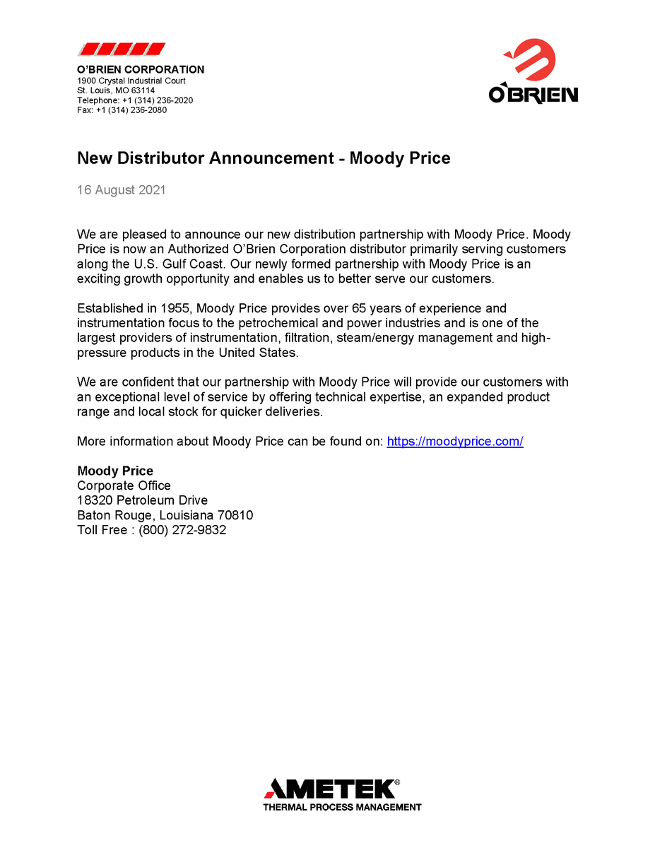 MoodyPrice's tweet photo. We are now an authorized distribution partner for O’Brien, a top manufacturer of tubing bundles, instrument enclosures &amp; heaters. For local product sales, support and equipment requirements please contact our experienced sales team. https://t.co/ohtHXDDZf6