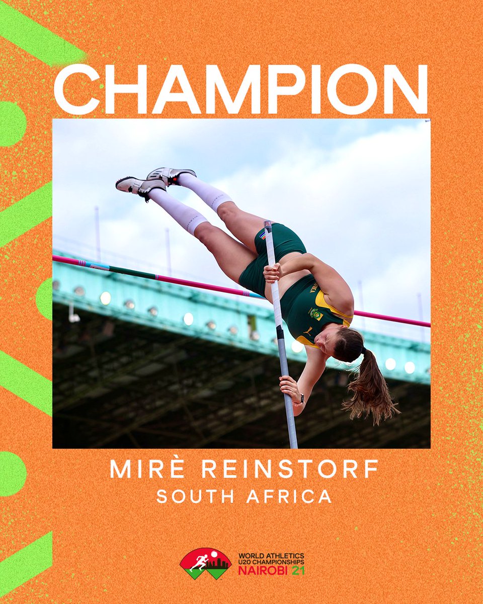 Facts_RSA's tweet photo. Mire Reinstorf clinched the gold medal and set African-U20 record in the women's pole vault final with a height of 4.15metres at the World Atheltics U20 Championships (18 Aug).
(https://t.co/6JiULUOrbF)

#factssouthafrica #SouthAfrica #mirereinstorf #athletics #goldmedal #kenya https://t.co/PvQSsbBq7V