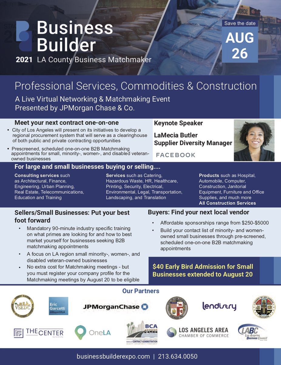 BusinessBuildLA's tweet image. Last chance to sign up for Business Builder August 26 and be eligible for Matchmaking appointments! Register before TOMORROW 8/20: businessbuilderexpo.com
#BusinessBuilder2021 #ProfessionalServices #Commodities #Construction #supplierdiversity
