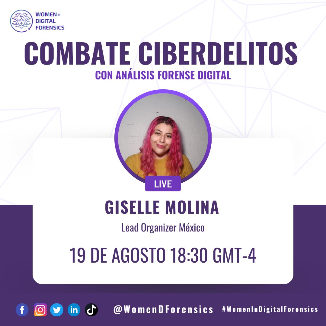 Meetup: Combate Ciberdelitos🤓
👩‍💻Contaremos con Giselle Molina Escamilla que es Estudiante de ingeniería en tecnologías computacionales de la Ciudad de México, México. Quien nos hablara del tema "Combate ciberdelitos con el Análisis Forense Digital"
#womenindigitalforensics