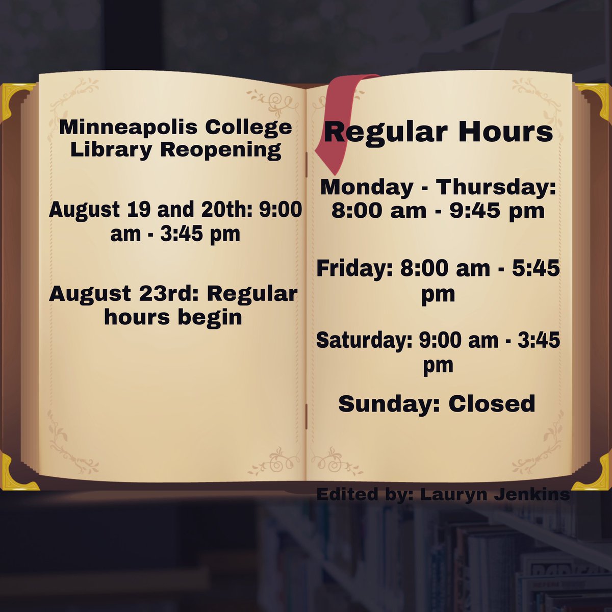 Today’s the day - the Minneapolis College Library has re-opened! We look forward to seeing (the top half of) your faces! #mplscollegelibrary #wereopen  #masksrequired