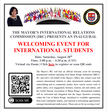 821Project's tweet image. The Mayor’s IRC is hosting an inaugural welcome event for incoming intl. students attending local Baton Rouge institutions (BRCC, SU, and LSU). Event is open to everyone, most importantly current and former intl. students in Baton Rouge! 

Sign up at tinyurl.com/ircwelcomeevent!