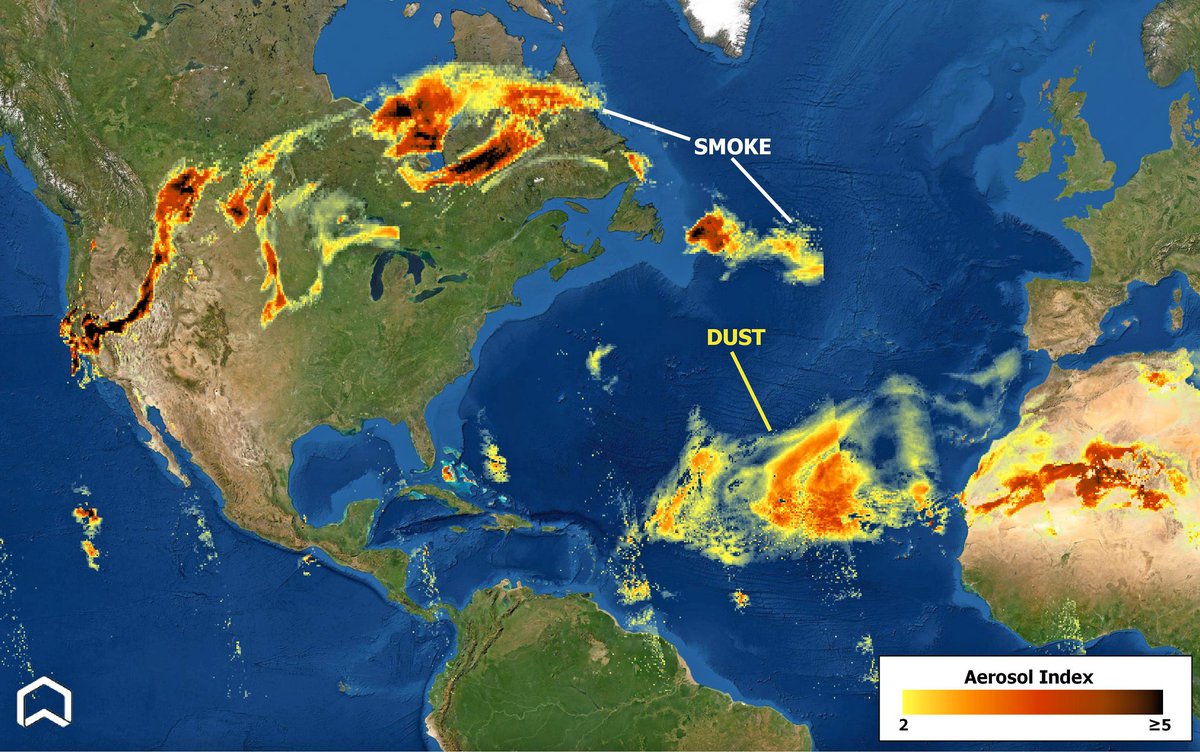 Impressive #USA coast-to-coast smoke transport from #wildfires, and big #Saharandust plume over the Atlantic from #Africa toward #Carribean. Both visible with the Aerosol Index of #Copernicus #Sentinel5p on Aug. 18th confirming CAMS forecast. #AirQuality #Canada #California <a href="/WMO/">World Meteorological Organization</a>