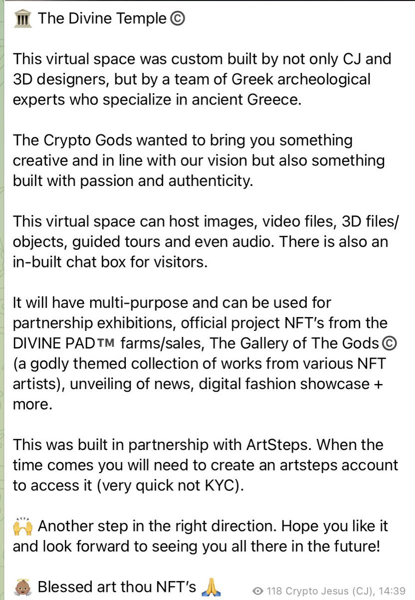 cryptojesus666's tweet photo. 🏛 The Divine Temple©️
Sneak peak… see video here
https://t.co/y5nsCdvlRD
$divine #divinepad #nft #cryptogods #crypto #gallery #tgotg https://t.co/WK2FwOKhPS