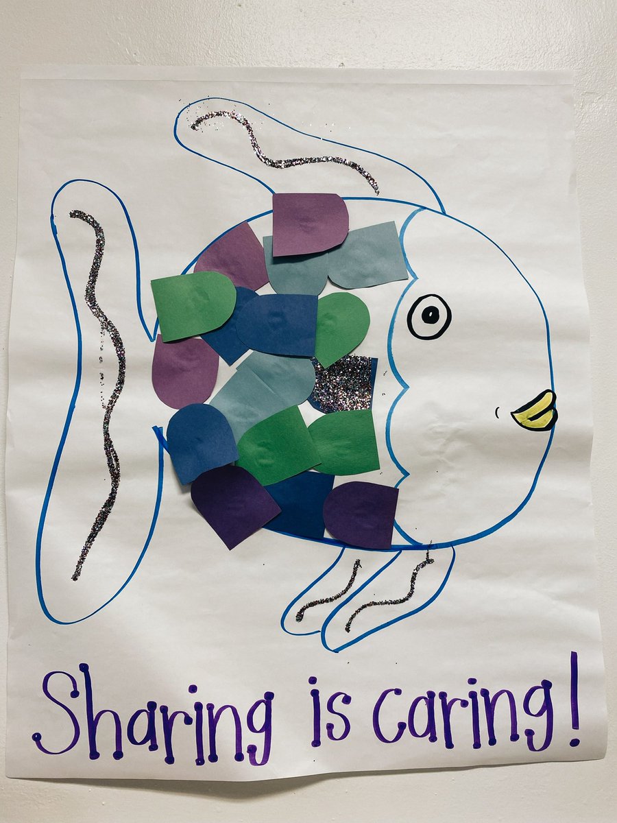 Yesterday we read “The Rainbow Fish” and discussed the importance of kindness and sharing. Then, we worked together as each student added a scale to our very own rainbow fish. This hangs in our classroom as a reminder that sharing is caring! 💜 #Kindergarten