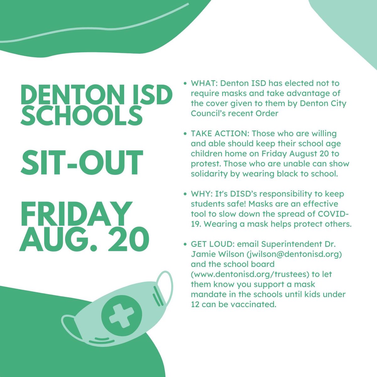 A DISD parent organized sit-out is planned for tomorrow. Learn more 👇🏼 &amp; share widely! Facebook event: fb.me/e/IRN7IOvO. If you’re unable to participate, email the superintendent Dr. Jamie Wilson (jwilson@dentonisd.org) +school board: dentonisd.org/trustees🌵#DISD