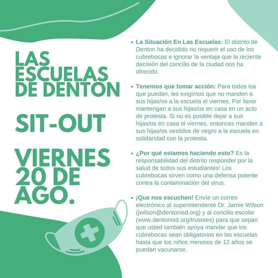 Las Escuelas de Denton Sit-Out mañana. ¡Obtenga más información 👇🏼 y comparta ampliamente! El evento de Facebook: fb.me/e/IRN7IOvO. Envie un correo electrónico al superintendente Dr. Jamie Wilson (jwilson@dentonisd.org) y al concilio escolar (dentonisd.org/trustees). 🌵