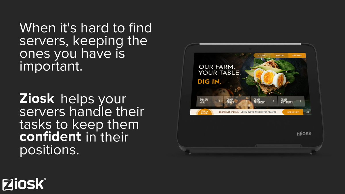 Ziosk (@ziosk) on Twitter photo When it's hard to find servers, keeping the ones you have is important. Ziosk helps your servers handle their tasks to keep them confident in their positions. When it's hard to find servers, keeping the ones you have is important. Ziosk helps your servers handle their tasks to keep them confident in their positions.
