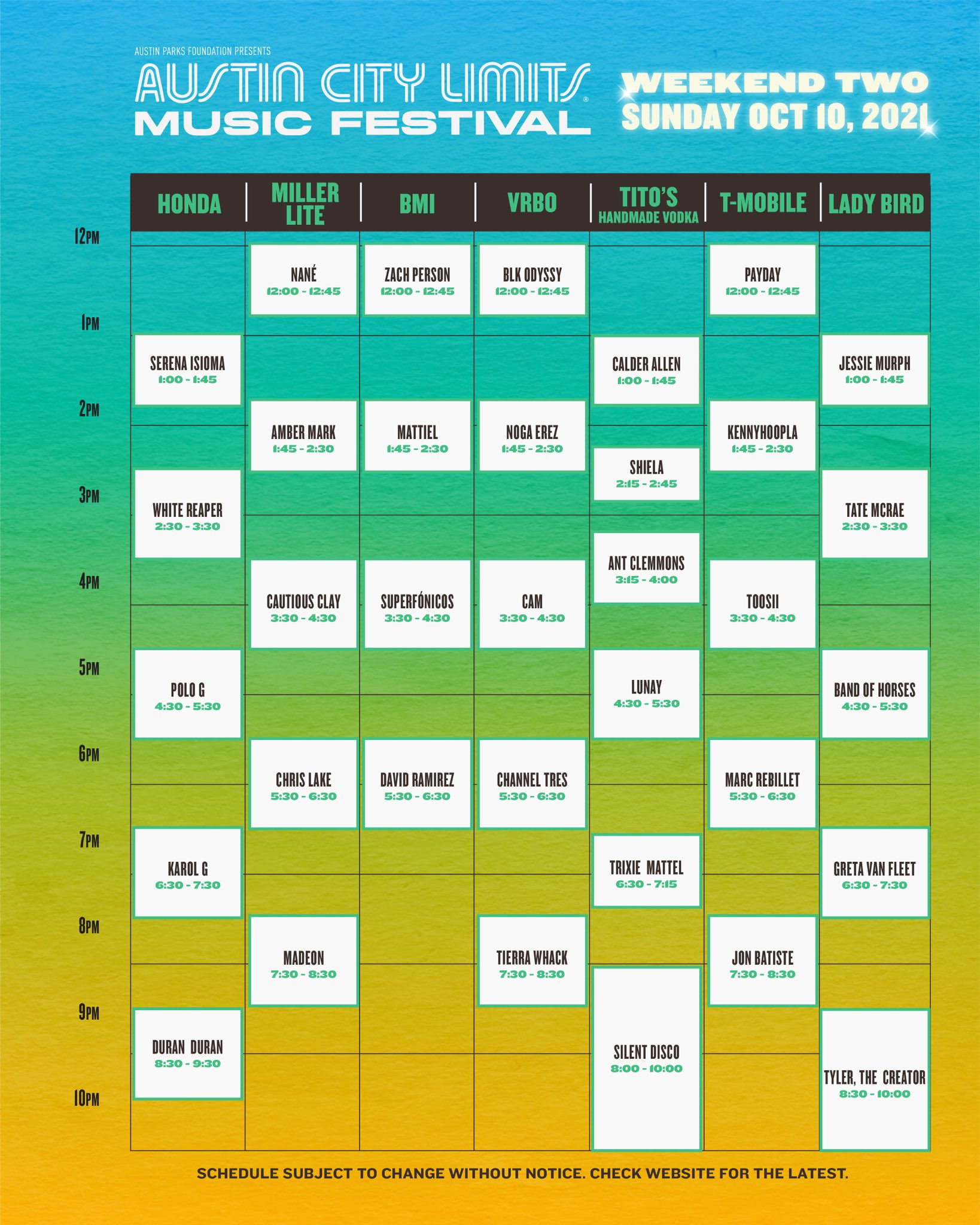 welzijn appel Medicinaal ACL Festival on Twitter: "Here it is! ✨ Check out the 2021 #ACLFest  Schedule and start planning your weekend down to the minute. Lunay, Frances  Forever, Shooks, and Cautious Clay have been