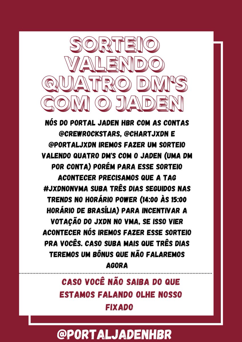jadenhosslerbrs's tweet image. ⚠️| PARTICIPEM BASTANTE PARA QUE ISSO ACONTEÇA, LEMBREM QUE SÓ ESTAMOS FAZENDO ISSO TUDO PELO  @jxdn 

@CREWROCKSTARS @chartjxdn @PortalJxdn