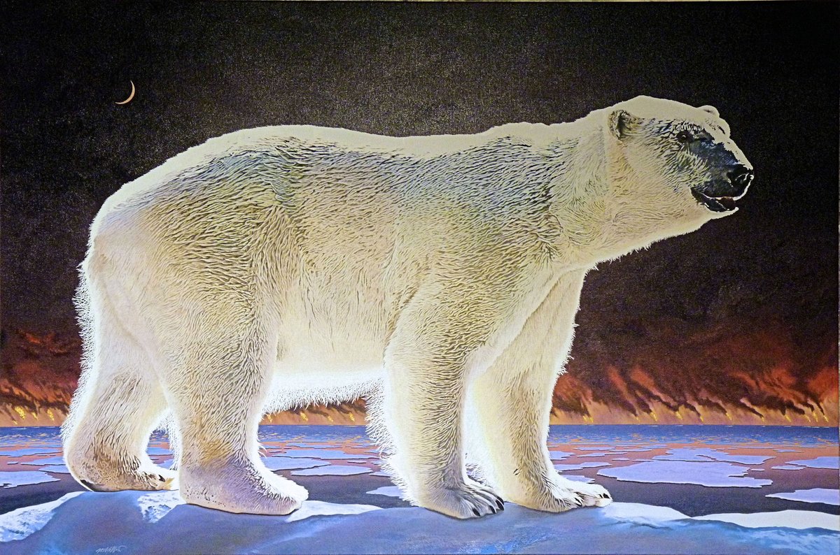 The aptly-titled Apocalypse Now, a stunning piece of art by <a href="/petergoodfello3/">Peter Goodfellow</a> Ice caps melting, polar bear numbers declining, fire-ravaged earth and polluted air. A 6ft X 4ft painting to focus minds. @friendsoftheearth <a href="/UNFCCC/">UN Climate Change</a> <a href="/climatecoaliton/">Climate Coalition</a>