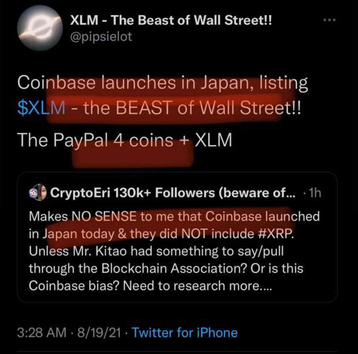 ElonMatic's tweet photo. Oh oh…#XLM coming out of his shell!

#coinbase #xlm #paypal #xrp https://t.co/guoP1wFjII