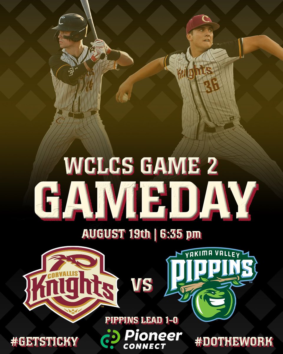 CorvKnights's tweet photo. Come to the ballpark TONIGHT to cheer on your Corvallis Knights for Game 2 of the @WCLBaseball Championship Series against @PippinsBaseball π Gates open at 6 pm | First pitch 6:35 pm. The Postseason is Powered by Pioneer
#GetSticky #GoKnights #DoTheWork https://t.co/SjiF8Au6Xv