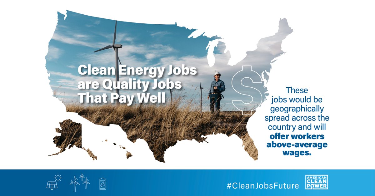 USCleanPower's tweet image. From mechanics to engineers, #CleanEnergy jobs are quality jobs that pay well. Our recent report with @BW_Research shows how accelerating the growth of clean energy will benefit American workers across the country. 
Dive into the report: bit.ly/CleanPwrJobs 

#CleanJobsFuture